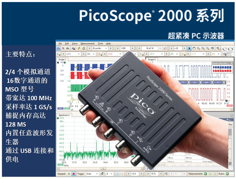 環(huán)動聯(lián)科：PicoScope2000 系列超緊湊PC示波器，帶寬100MHz,1GS采樣率，128MS記錄長度